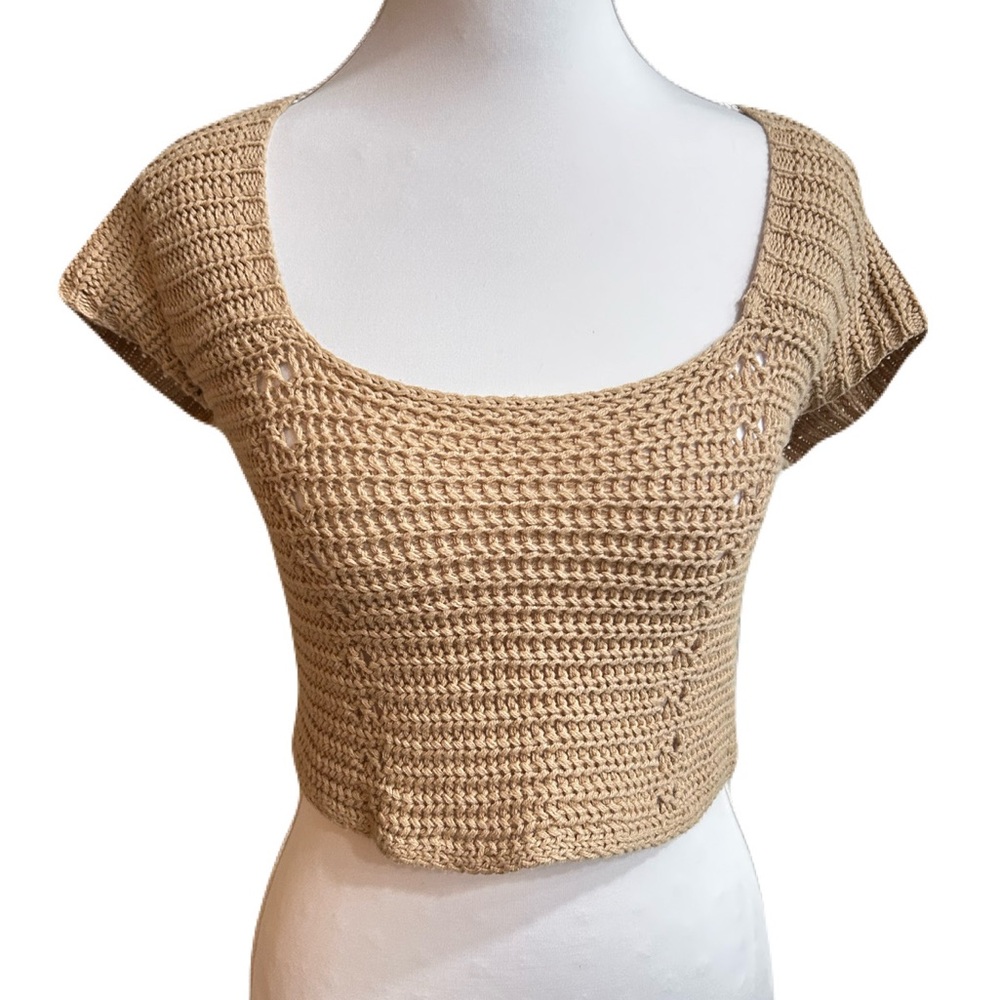 Double Zero Crochet Lace Up Knit Top Cropped Tan XS